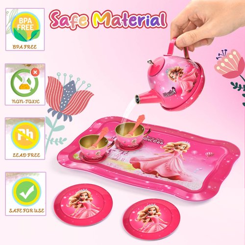Lajeje 19-Piece Princess Tea Party Set for Girls, Pretend Play Tin Tea Set with Carrying Case, Kids Party Toys for 3-6 Year Olds