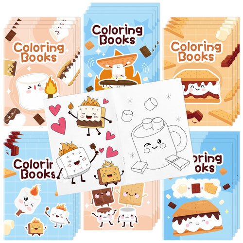 X1zuue Marshmallow Coloring Books for Kids 24Pcs Bulk Campfire Camping Themed Mini Coloring Booklet DIY Art Drawing Book with Marshmallow for Toddlers Kids Birthday Party Favors Goodie Bag Filler