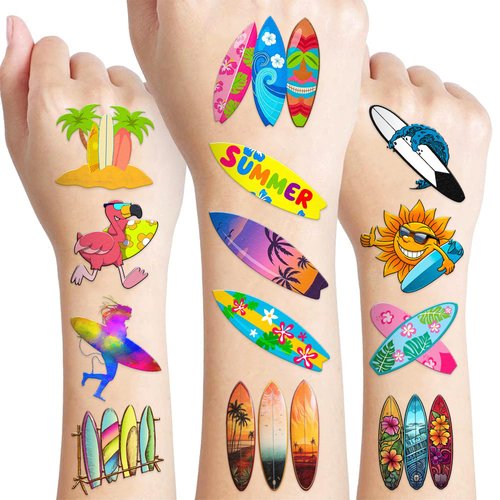 110 PCS Summer Surfing Surf Surfboard Temporary Tattoos Sticker Ocean Surfer Beach California Hawaiian Themed Birthday Party Decorations Favors Supplies Gifts Girls Boys Cute Tattoo School Reward
