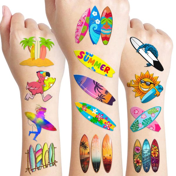 110 PCS Summer Surfing Surf Surfboard Temporary Tattoos Sticker Ocean Surfer Beach California Hawaiian Themed Birthday Party Decorations Favors Supplies Gifts Girls Boys Cute Tattoo School Reward