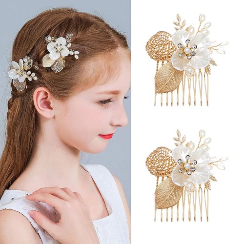 2 Pcs Elegant Flower Bride Wedding Hair Comb with Pearls and Crystals Leaf Headpiece Bridal Hair Accessories for Women Girls