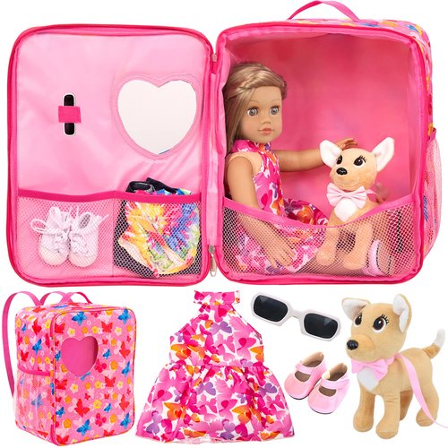 ZITA ELEMENT 18 Inch Girl Doll Butterfly Design Carrier Bag with Clothes and Accessories Including 18 Inch Doll Clothes, Shoes, Sunglasses, Doll Backpack and Toy Dog