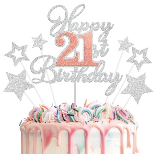 Happy 21st Birthday Cake Toppers, Rose Gold Silver Glitter Cake Decorations Set, 21st Birthday Decor, Birthday Anniversary Party Decorations Supplies