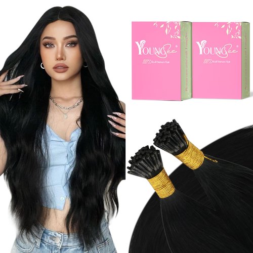 YoungSee Itip Human Hair Extensions Black 20Inch I Tips Hair Extensions Real Human Hair Black I Tip Extensions Jet Black I-Tip Hair Extensions Real Human Hair Natural Pre Bonded Hair 1g/s 50g