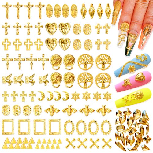 120Pcs 3D Nail Charms Rhinestones for Acrylic Nail Art Design kit Metal Gold Cross Judas Virgin Mary Heart Star Rivet Studs Alloy Gems Vintage Nail Tips Punk Accessories Decoration Jewelry DIY