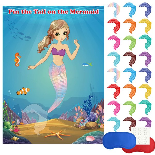 FEPITO Mermaid Party Supplies Pin The Tail on The Mermaid Party Game with 24Pcs Tail Stickers for Mermaid Party Favors, Kids Birthday Party