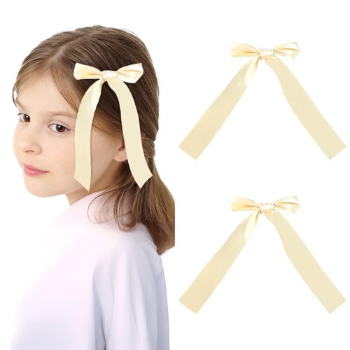 IThreeLuck 2Pcs Hair Bow, Ivory Hair Bow, Beige Hair Bow Clip, Long Silk Bow Hair Clips, Satin Ribbon Cream Hair Bow for Toddlers Girls
