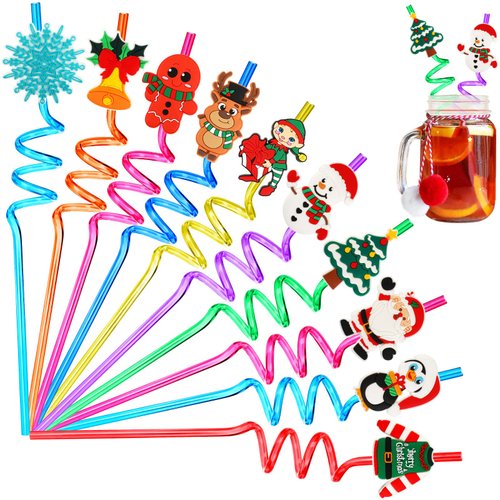 JANYUN Christmas Straws, 20 Pcs Reusable Plastic Straws Christmas Party Favors for Kids Cute Santa Snowflakes Reindeer Drinking Straws Xmas Holiday Party Supplies（10 Styles）