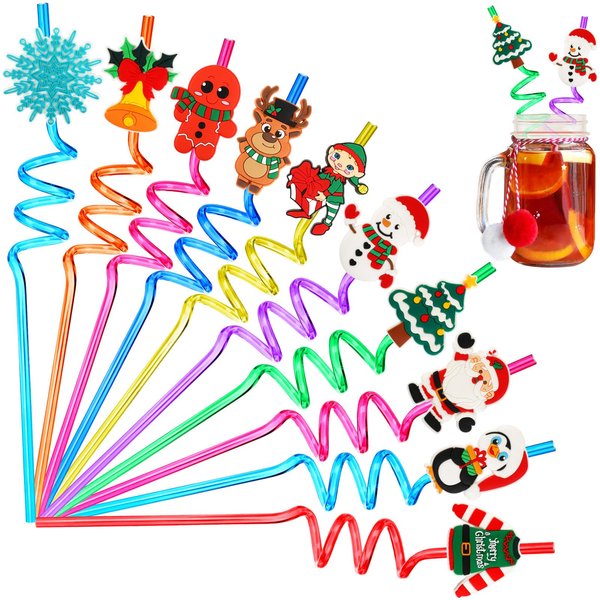 JANYUN Christmas Straws, 20 Pcs Reusable Plastic Straws Christmas Party Favors for Kids Cute Santa Snowflakes Reindeer Drinking Straws Xmas Holiday Party Supplies（10 Styles）