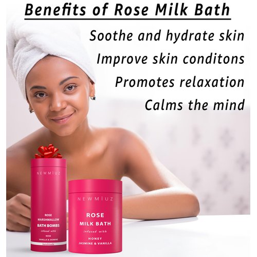 Calming Rose Coconut Milk Bath Soak Moisturize & Soften Skin Honey Jasmine Vanilla Destress Luxury Spa Bath Salt Powder Birthday Christmas Stress Relief Gifts for Women Perfect Stocking Stuffers
