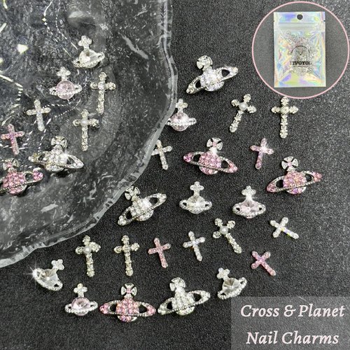ITPOYOL 32 PCS Planet Nail Charms White Pink Cross Nail Charms for Acrylic Nails 3D Nail Art Supplies Saturn Rhinestones Design Nail Gems Shiny Nail Art Jewels Accessories for Women Nail Decorations