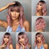 Doremiy Short Bob Ombre Black Pink Wavy Wigs for Women Natural Shoulder Length Wig with Bangs Synthetic Wigs for Daily Cosplay