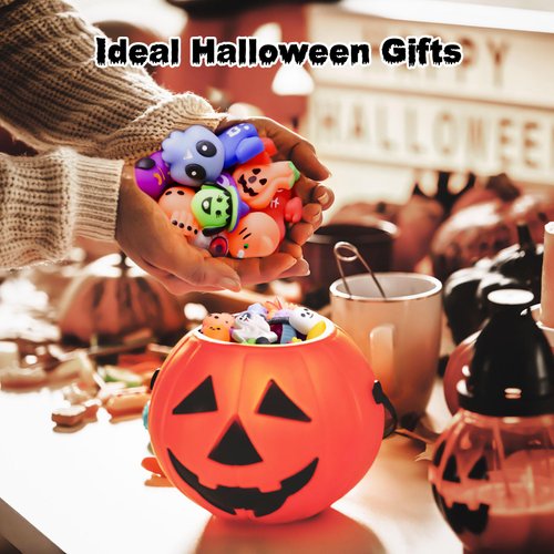 FUN LITTLE TOYS 50PCS Halloween Squishy Toys for Kids Halloween Party Favors Halloween Mochi Squishy Toys, Stress Reliever Anxiety Packs for Kid Small Squishy Toys for Halloween Treat Bags