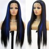Fugady Blue Highlight Wig Long Straight Lace Front Wig Black and Blue Synthetic Lace Front Wigs for Black Women Pre Plucked with Baby Hair Heat Resistant for Daily Use 24 Inches(Synthetic| 13 * 4 Lace Frontal)