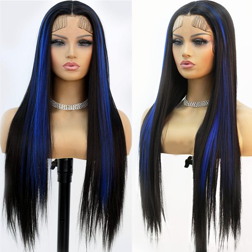 Fugady Blue Highlight Wig Long Straight Lace Front Wig Black and Blue Synthetic Lace Front Wigs for Black Women Pre Plucked with Baby Hair Heat Resistant for Daily Use 24 Inches(Synthetic| 13 * 4 Lace Frontal)