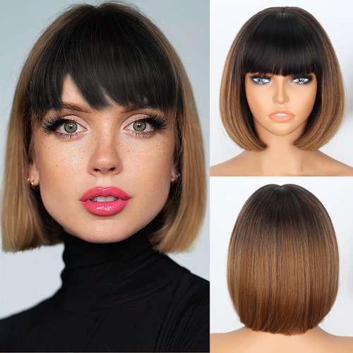 WERD Short Brown Bob Wigs for Women Light Brown Bob Wigs with Bangs 10Inch Synthetic Hair Brown Bob Highlight Wig for Daily Use Cosplay