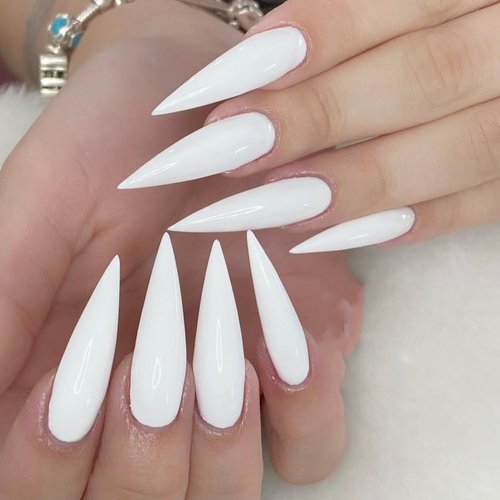 BABALAL Long Stiletto Press on Nails White Fake Nails Glossy Glue on Nails 24Pcs False Nails Almond Manicure Acrylic Nails for Women and Girls