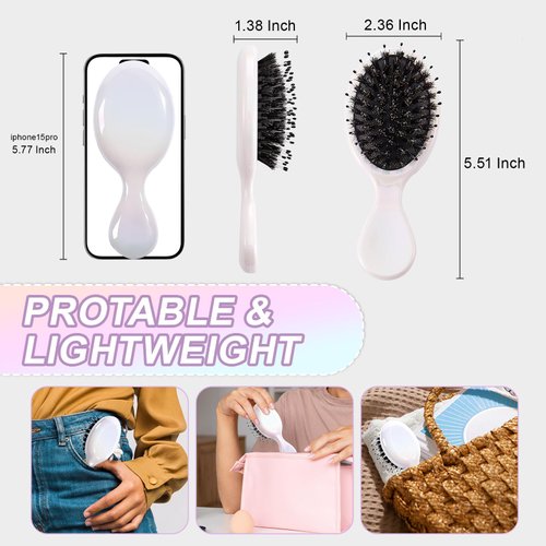 Jurrissa Mini Hair Bursh for Women,Men,Kids-Protable Travel Size Mini Detangler Brush for Pockets,Purses-Nylon&Boar Bristles Small Paddle Brush for Smooth,Add Shine (1 Pack-White)