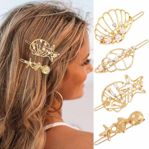 CAKURE Seashell Hair Clip Set Gold Metal Hair Pins Boho Beach Hair Barrettes Mermaid Hair Accessories for Women and Girls (Pack of 4)