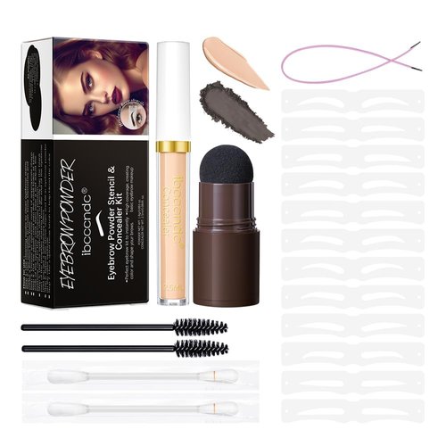Eyebrow Stencil Kit, Professional Waterproof Brow Powder Stamp，One Step Brow Powder Stamp Makeup with 12 Reusable Eyebrow Stencils＆1 liquid concealer 04# (Black brow)