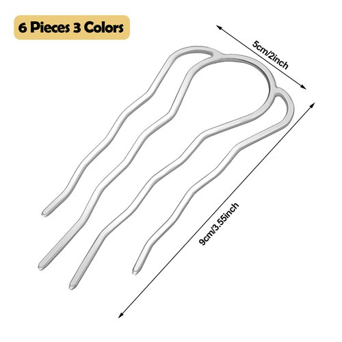 6 Pieces Hair Fork Clip Stick 87 mm Side Hair Comb 4 Prong Hair Updo Bun Hairpin Sticks Alloy Hair Clips Grips for Women Hair Styling Tool Accessories (Gold, Silver and Rose Gold)