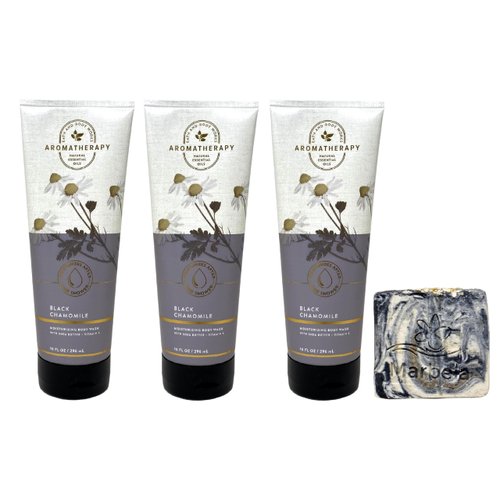 Bath & Body Works Aromatherapy Black Chamomile 3 Pack Moisturizing Body Wash Set with a Charcoal Scrub Bar Soap - Full Size
