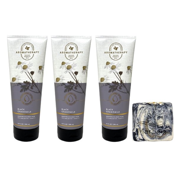 Bath & Body Works Aromatherapy Black Chamomile 3 Pack Moisturizing Body Wash Set with a Charcoal Scrub Bar Soap - Full Size