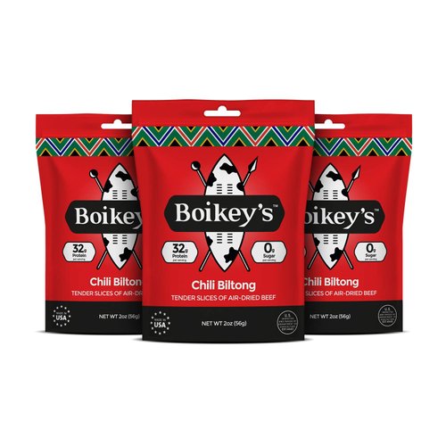 Boikeys Biltong | South African Style Beef Jerky. Gluten Free. No Sugar. Keto Friendly. (Chili, 3 pack - 2 ounce pouches)