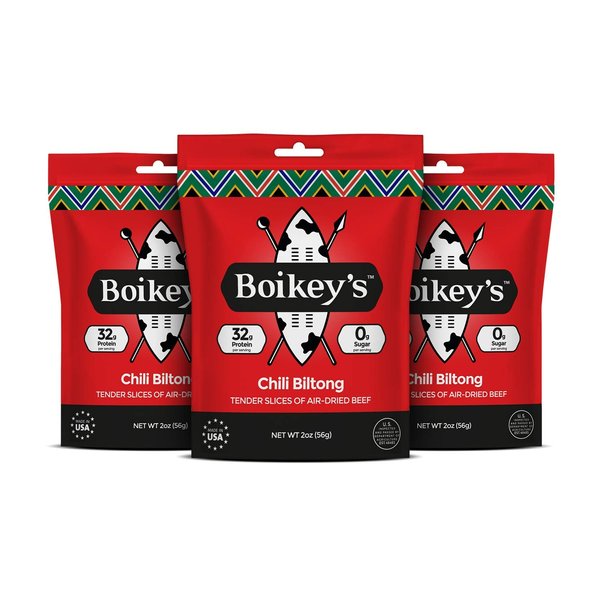 Boikeys Biltong | South African Style Beef Jerky. Gluten Free. No Sugar. Keto Friendly. (Chili, 3 pack - 2 ounce pouches)