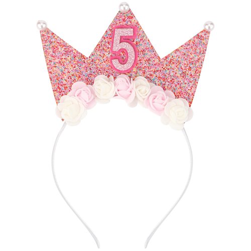 SuPoo 5th Birthday Decorations for Girl 5th Birthday Girl Headband Birthday Crown for Girls Glitter Hair Band for Party 5 Year Old Happy Birthday Decorations Flower Princess Tiara Hair Accessory