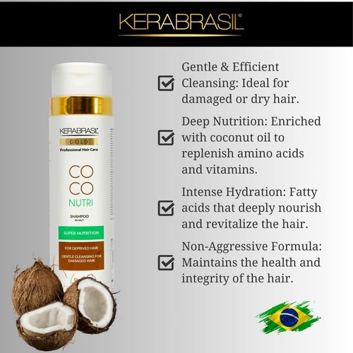 Kerabrasil Coconut Moisture Shampoo 300ml - Deep Hydration with Natural Coconut Oil, Keratin-Enhanced for Strength, Frizz Control, Ideal for Daily Use, Tropical Hair Care