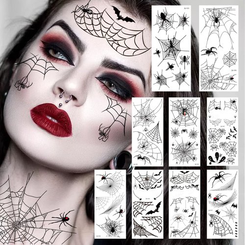 9 Sheets Halloween 3D Spider Web Temporary Tattoos Face eye Makeup Kit For Women Adults Realistic Witch Bat Zombie Fake Face Tattoos Sticker For Kids Men Adults Scary Halloween Spiderweb Decals