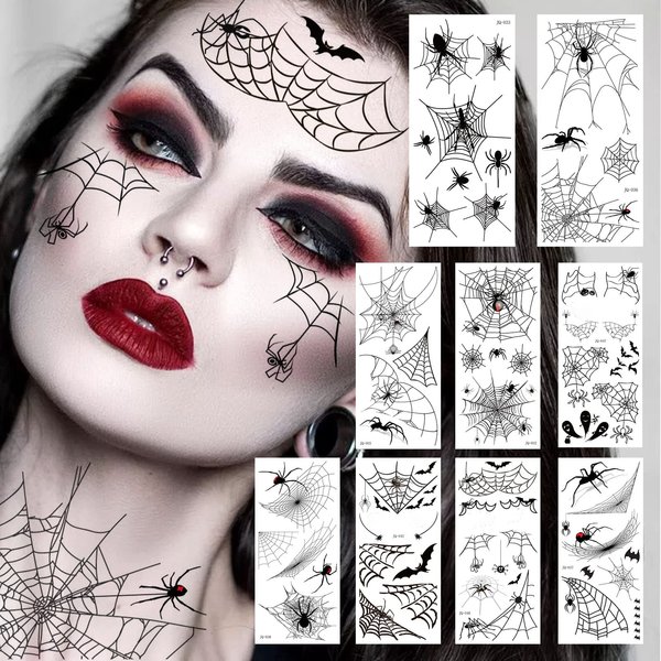 9 Sheets Halloween 3D Spider Web Temporary Tattoos Face eye Makeup Kit For Women Adults Realistic Witch Bat Zombie Fake Face Tattoos Sticker For Kids Men Adults Scary Halloween Spiderweb Decals