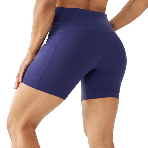 LOVESOFT Women's 5" High Waist Biker Shorts Workout Yoga Running Gym Compression Spandex Volletball Shorts with Side Pockets Dark Blue