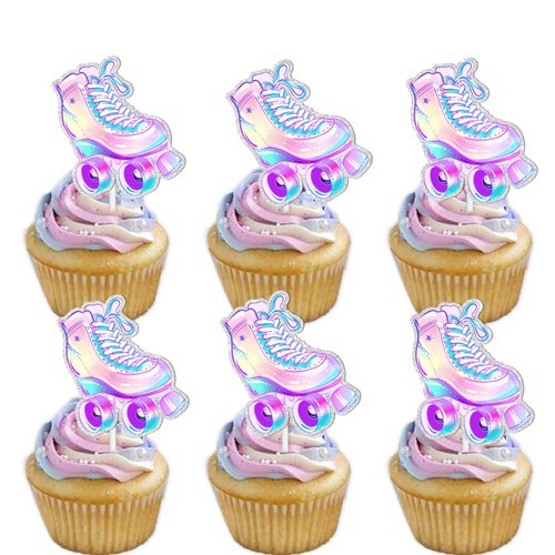 18pcs Glitter Roller Skates Dessert Cupcake Topper Children Boy Girl Happy Birthday Party Decorations 80s 90s Retro Hip Hop Roller Skating Theme Decor Supplies
