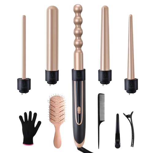 Aomay Hair Curling Iron Set with Hair Brush 5 in 1 Interchangeable Barrels