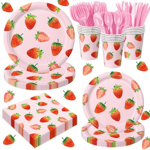 168 Pcs Strawberry Birthday Decorations Strawberry Party Decorations Includes Plates, Napkins, Cups, Cutlery for Berry First Birthday Decor, Serve 24