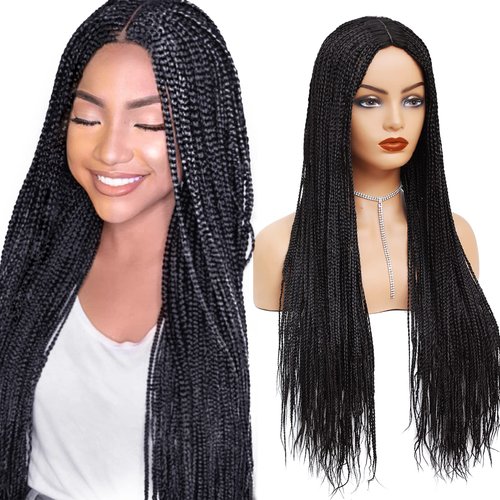 ROSEBONY Braided Wigs Long Box Braids Wig for Women 28 Inch Micro Box Braids Fake Scalp Wig Synthetic Black Wigs