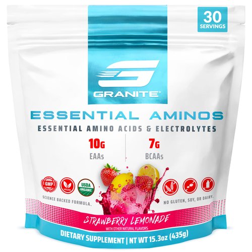 Granite 10g Essential Amino Acids Powder | Muscle Recovery Supplement for Muscle Growth | 7g BCAA Powder with Electrolytes | 30 Servings | Strawberry Lemonade Flavor | Soy & Gluten Free | Made in USA