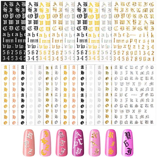 Maitys 24 Sheets Old English Nail Sticker 3D Holographic Letter Nail Stickers Nail Letter Stickers Old English Alphabet Nail Decals for DIY Women Nail Decoration(Classic Colors)