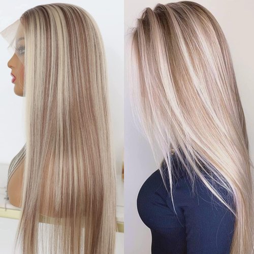 MACA BAKA Highlight Ash Blonde Lace Front Wig Long Straight Glueless Ombre Brown Mixed Blonde 13x4 Synthetic Lace Front Wigs for Women 150 Density 24 Inches
