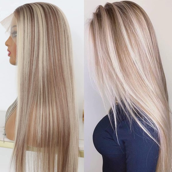 MACA BAKA Highlight Ash Blonde Lace Front Wig Long Straight Glueless Ombre Brown Mixed Blonde 13x4 Synthetic Lace Front Wigs for Women 150 Density 24 Inches