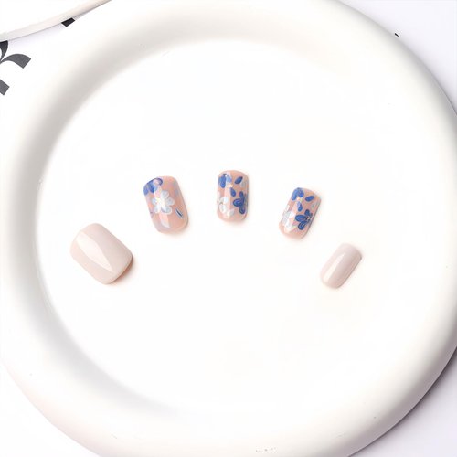 BFY Flower Press on Nails Short Square Fake Nails, Small Blue White Flowers Acrylic Nails Kit, Spring Summer Nude Glossy Gel Manicure Stick on Nails Full Cover False Nail Tips 24Pcs