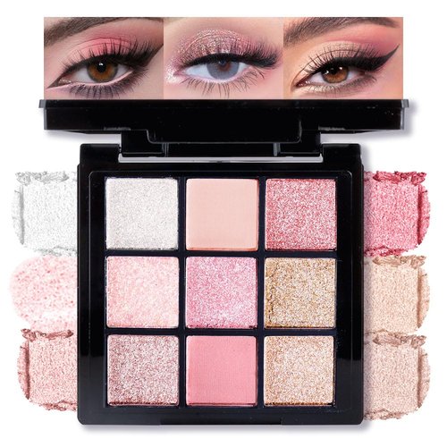 AMY'S DIARY Matte Shimmer Light Deep Pink Eye Shadow Palette Makeup,Eyeshadow Long Lasting Waterproof Cruelty-Free, 9 Blendable Shades in Smooth Finishes with Gorgeous Pearls for Girls (Pink)