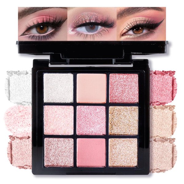 AMY'S DIARY Matte Shimmer Light Deep Pink Eye Shadow Palette Makeup,Eyeshadow Long Lasting Waterproof Cruelty-Free, 9 Blendable Shades in Smooth Finishes with Gorgeous Pearls for Girls (Pink)