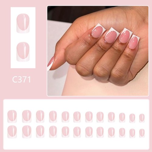 LRKNNO White French Tip Press on Nails Short Square Fake Nails Artificial Nails Tips Gel Acrylic Glue on Nails with Design 24Pcs Full Cover Stick ons Nails for Wedding Women Manicure False Nails