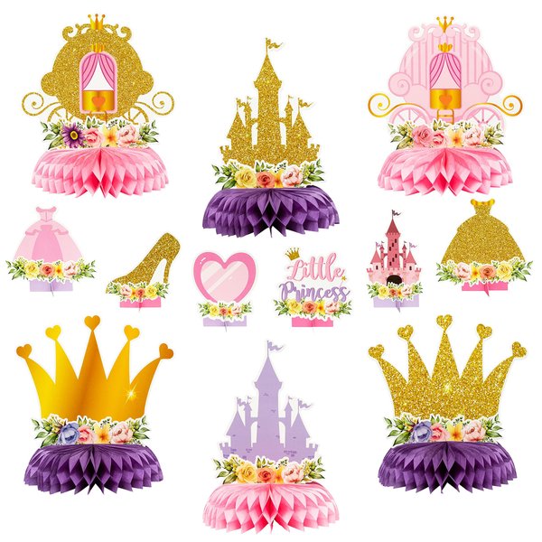 ArowlWesh 12Pcs Floral Princess Party Honeycomb Centerpieces Princess Theme Party Decorations Supplies Pink and Gold Castle Crown Carriage Baby Shower Birthday Table Toppers for Girls