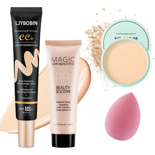 Hydrating CC Cream with Makeup Sponge,Waterproof Flawless Concealer Full Coverage BB Cream and Loose Setting Powder,Long Lasting Full Coverage Liquid Foundation for Men & Women（3 Pcs）