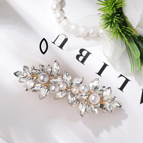 Hair Barrettes for Women, Rhinestone Pearl Hair Clips Sparkle Hair Barrettes Crystal Hair Clips for Women Girls Fancy Bridal Hair Clips Wedding Hair Accessories (Gold)