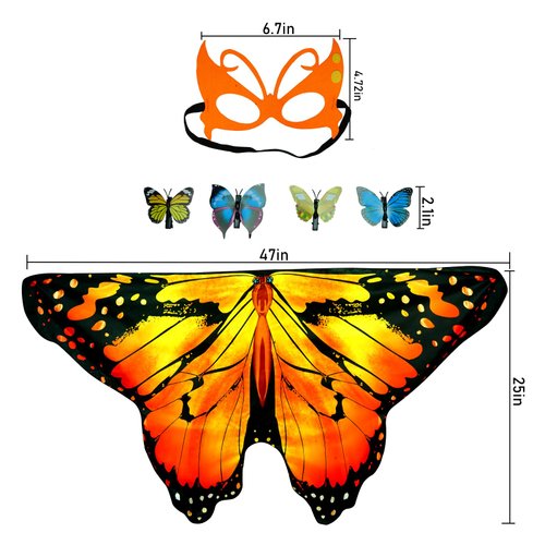 Niurui Kids Fairy Butterfly Wings Costume for Girls Halloween Toddler Dress Up Play Costumes with Butterfly Hair Clip Mask Christmas Party Favors Gifts (orange)